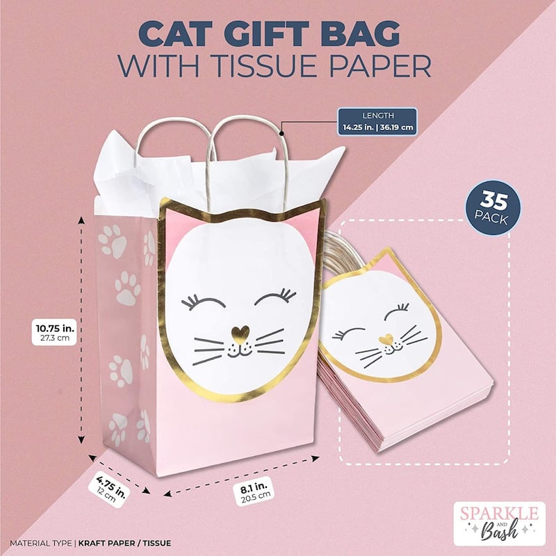 15 Pack Cat Gift Bags for Birthday Party Favors w/ 20 Sheets of Tissue