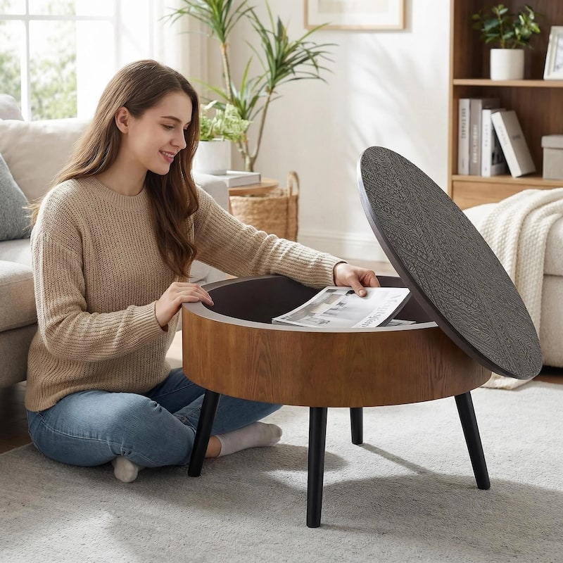 GDFStudio Veyrion Carved Round Coffee Table with Storage and Mid-Century Modern Design