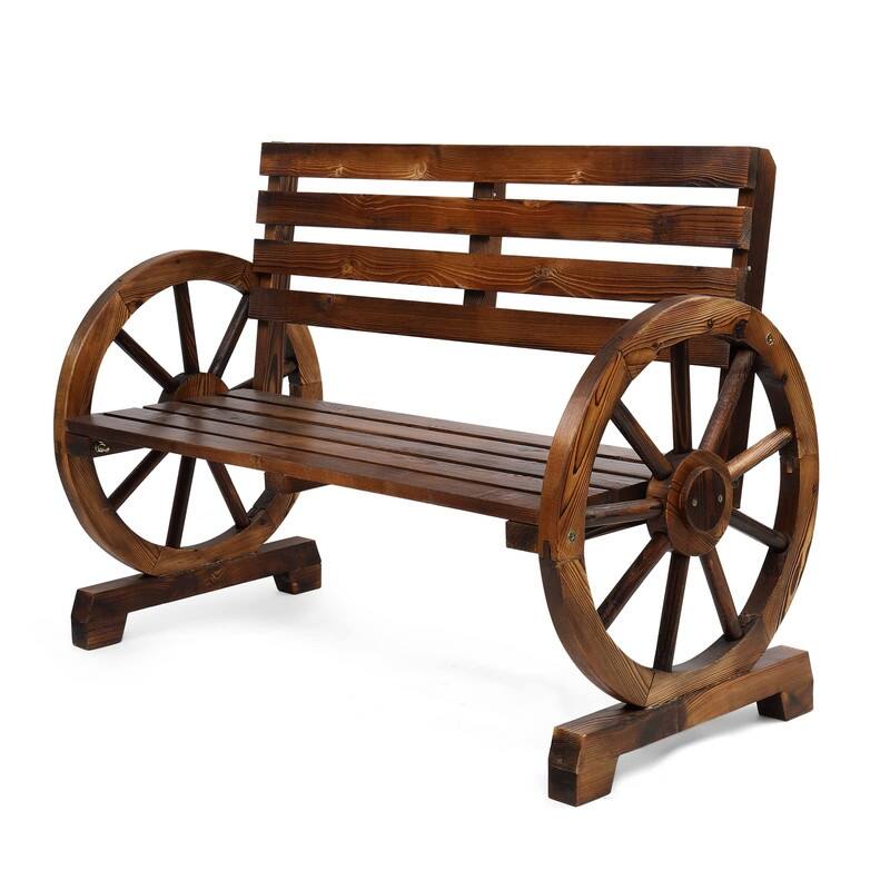 2-Person Wooden Wagon Wheel Bench for Backyard, Patio, Porch, Garden, Outdoor Lounge Furniture - Brown