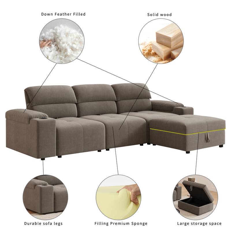 Down Filling Modular Deep Seat Couch L-shaped Sectional Sofa with Adjustable Backrest, Cup Holders, Storage Armrests and Ottoman