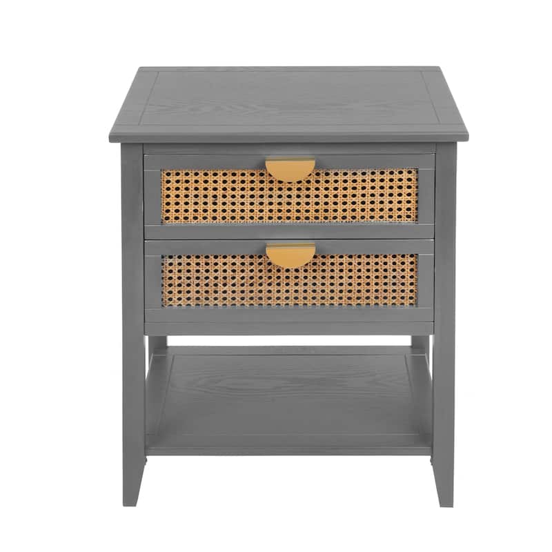 Roomfitters 2 Drawer Side Table, Rattan Nightstand End Table with Storage for Bedroom, Living Room