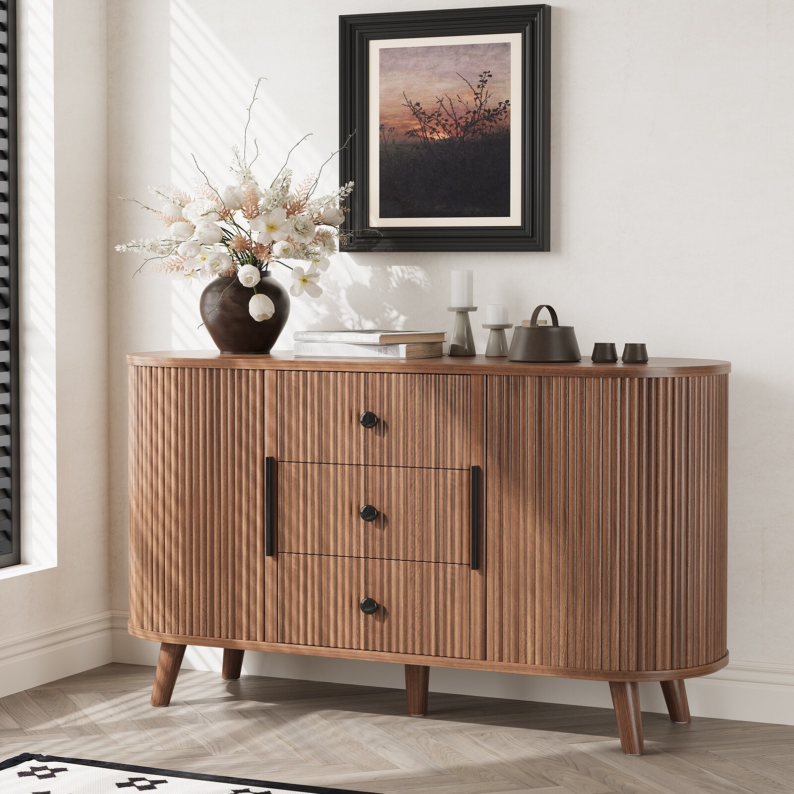 Sideboard Buffet Cabinet with 2 Sliding Tambour Doors and 3 Drawers, Storage Cabinet with Adjustable Shelves for Living Room - Bed Bath & Beyond