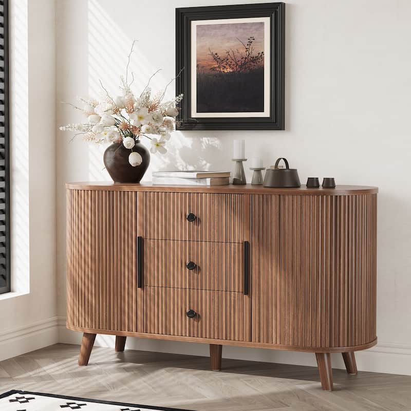 Sideboard Buffet Cabinet with 2 Sliding Tambour Doors and 3 Drawers, Storage Cabinet with Adjustable Shelves for Living Room