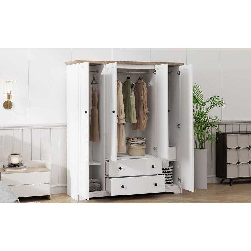 4 Door Wardrobe Armoire Closet with 2 Drawers, 60.6''L x 20.8''W x 68.5''H