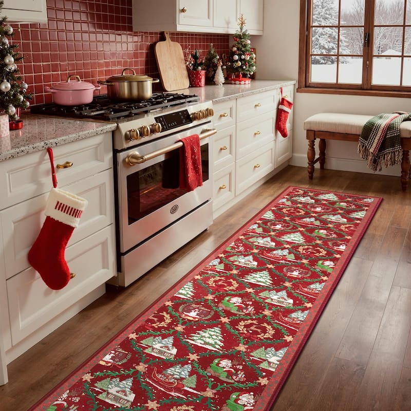 Mcow Christmas Motif Low-Pile Non-Slip Machine-Washable Area Rug