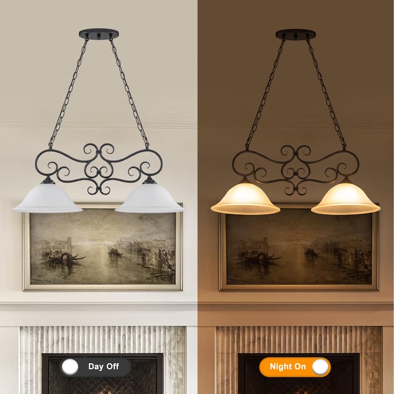 Matte Black 2-Light Linear Chandelier with Bell Glass Shades - Dia.32.28-in