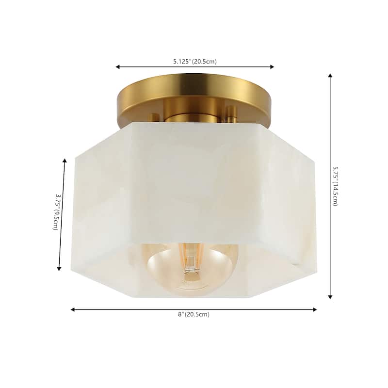 Celine 8" 1-Light Modern Contemporary Alabaster/Iron Hexagonal LED Semi Flush Mount, White Marbling/Brass Gold by JONATHAN Y