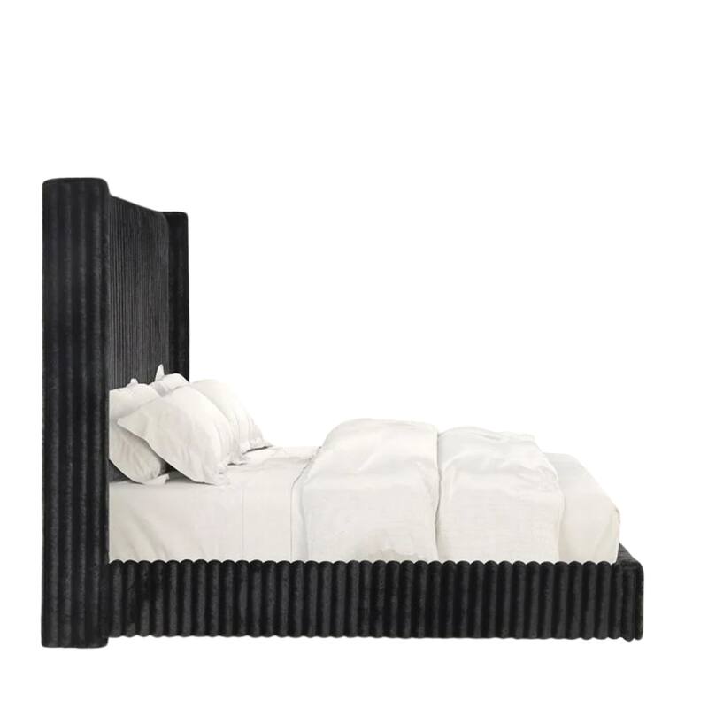 Wolo Twin Bed, Black Fur Chenille Ribbed Upholstery, Wing Headboard