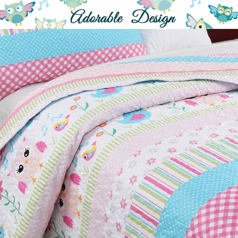Cozy Line Happy Owl Floral Pink Reversible Quilt Bedding Set