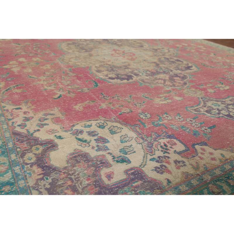 Pink Tabriz Persian Antique Area Rug Handmade Wool Carpet - 7'5"x 10'1"