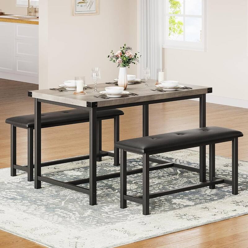 Dining Table Set for 4, Kitchen Table with 2 Upholstered Benches - Grey