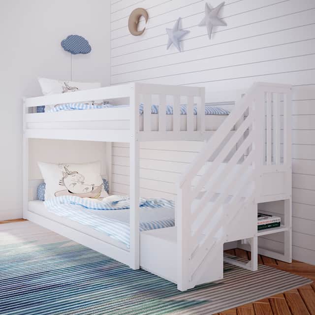 Max and Lily Twin over Twin Low Bunk Bed with Staircase - White
