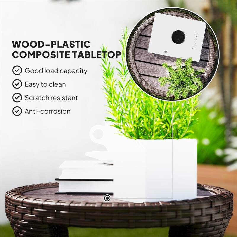 Steel PE Rattan WPC 2-Tier Hourglass Outdoor Side Table - 18.1" Dia. x 19.7" H