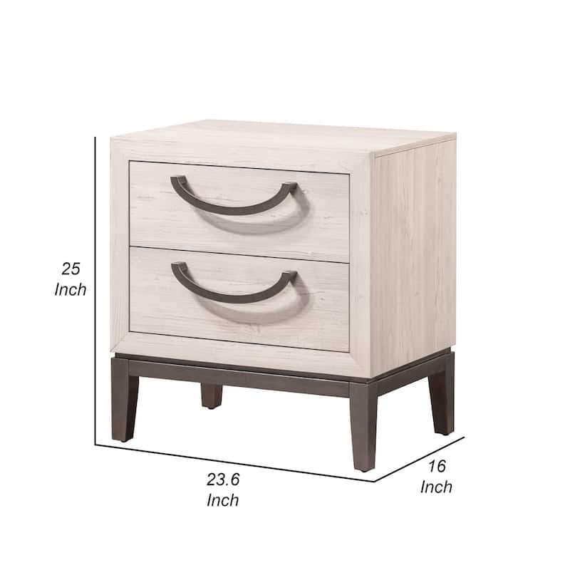 Vice 25 Inch Nightstand, Wood Frame, 2 Drawers, Metal Handles, Beige, Brown