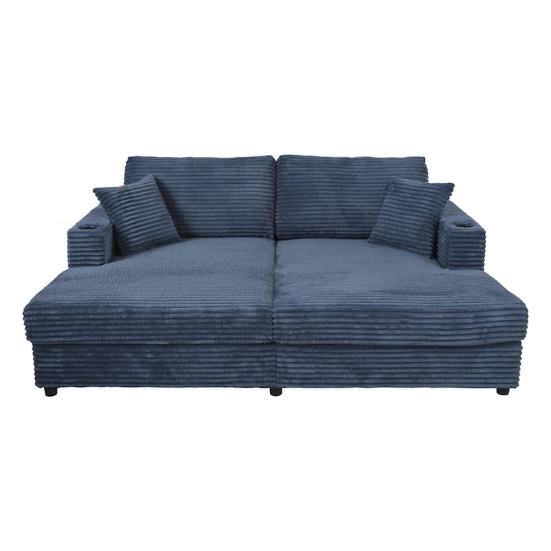 Roomfitters Oversized Loveseat Chaise Lounge Sectional Sofa Bed, Corduroy Sleeper with USB Ports, Cup Holders
