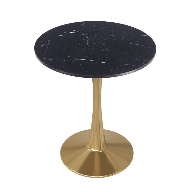 Bristol Minimalist Modern Round Dining Table with Solid Wood Top and Accent Gold Stainless Steel Base for Home or Kitchen - Marbled Black - 24 Inches