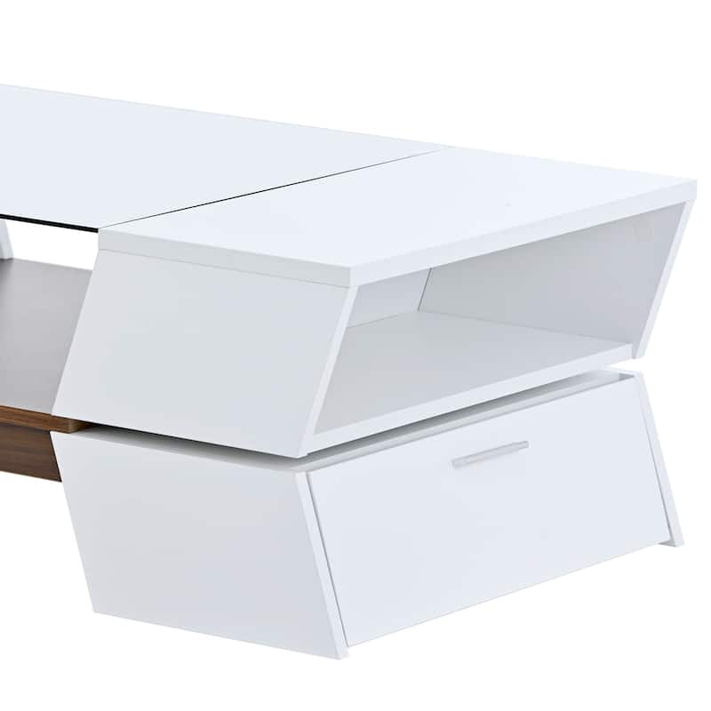 Roomfitters Glass-Top Coffee Table with Open Shelves and Cabinets, Modern 2-Tier Center Table with Storage for Living Room