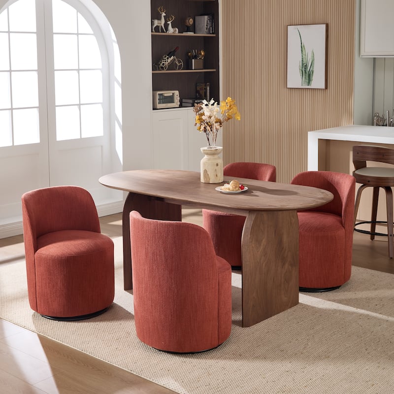 Set Of 1 Upholstered Barrel Chair, Mid Century Modern Round Linen Dining Chair, 360 Degree Swivel Side Chair for Dining Room