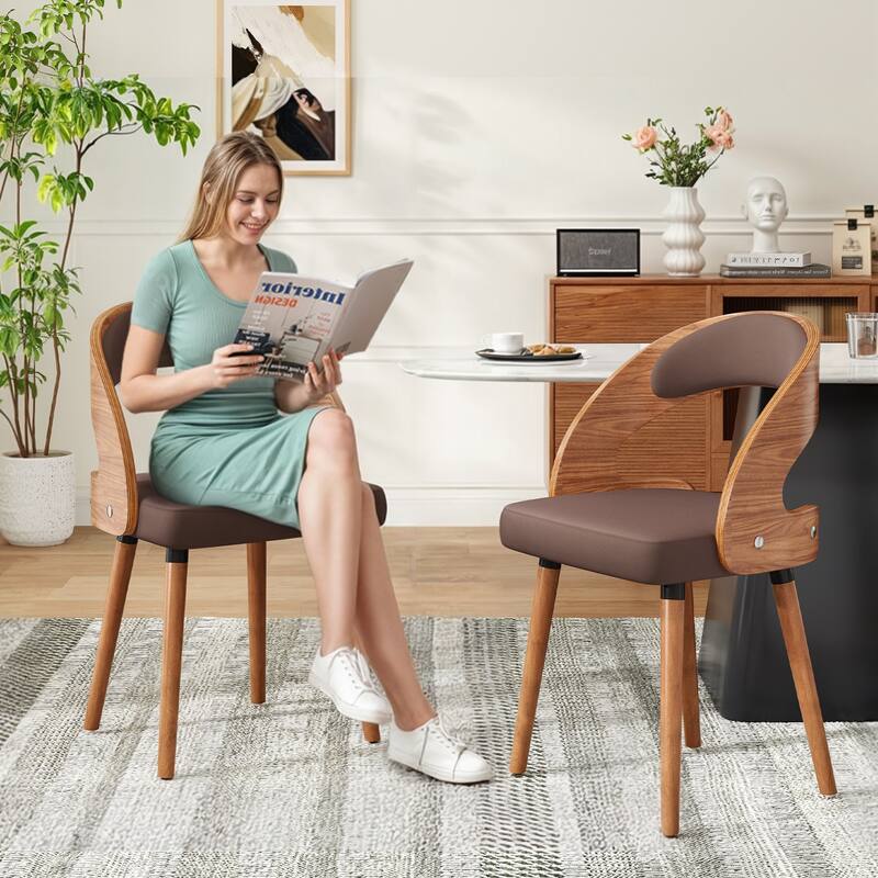 Wood Dining Chairs, Set of 2 Modern Upholstered Dining Chairs with Curved Backrest for Kitchen, Dining Room, Living Room