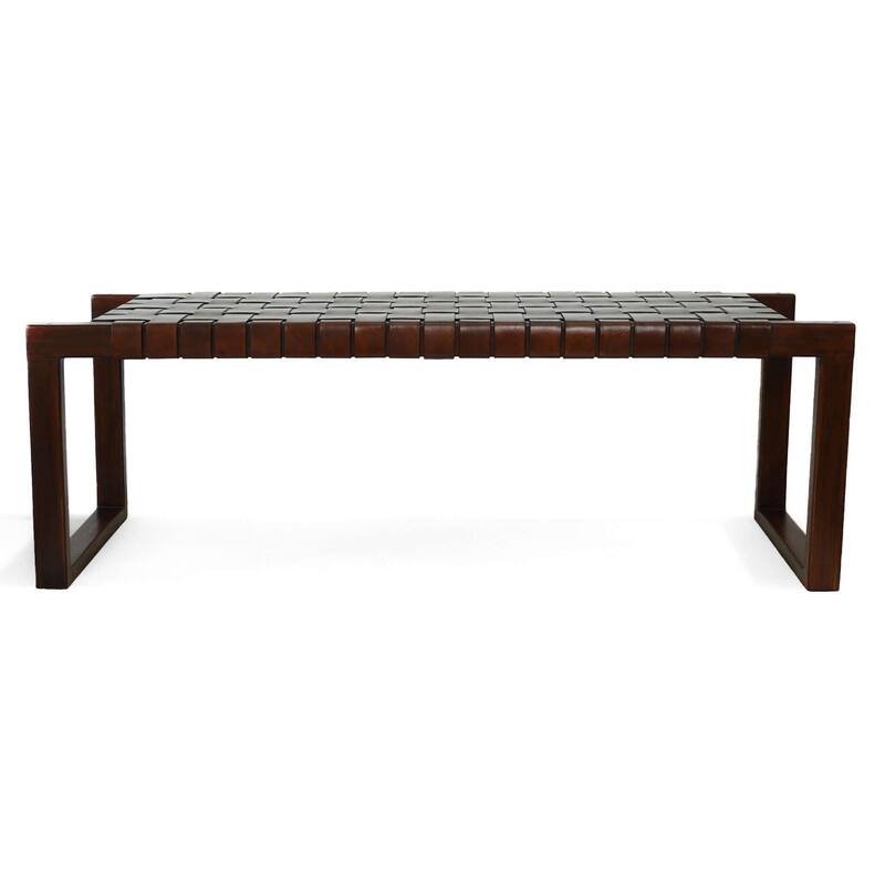 GDFStudio - Christina Mid-Century Modern 55" Tan Genuine Leather Bench with Solid Wood Frame & Tapered Legs - 55.1"W
