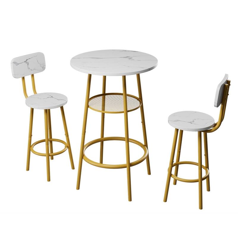 3-Piece Bar Table Set with 2 Bar Stools - Modern Pub Table with Backrests & Storage Shelf