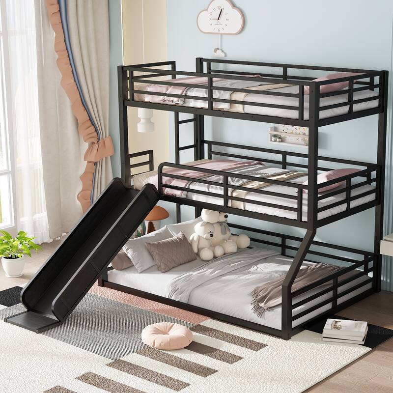 Metal Triple Bunk Bed Frame with Full Length Guardrail, Slide and Ladder, Heavy Duty Metal Slat Support, Noise Free