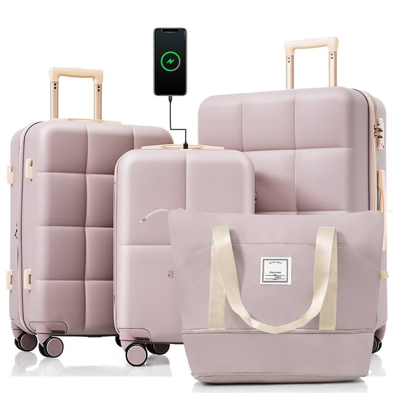 Hard Shell Luggage with Expandable Storage Cup Holders and USB Port, for Boarding Travel, 4 Piece Set