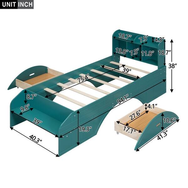 dimension image slide 0 of 2, Twin Size Wood Platform Bed with 2 Drawers and Storage Headboard