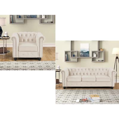Morden Fort Classic Tufted Upholstered Chesterfield Chair, Sofa 2 PCS for Living Room, Fabric, Velvet