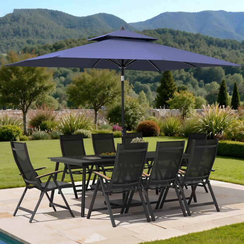 11PC Outdoor Patio Dining Set WoodLike Aluminum Umbrella Hole Table with Folding Chair,Double Top Market Umbrella and Wheel Base - BlackTable&BlackChairs&NavyBlueUmbrella
