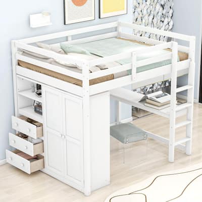 Full Size Loft Bed with Wardrobe, Desk, Storage Shelves, and Drawers
