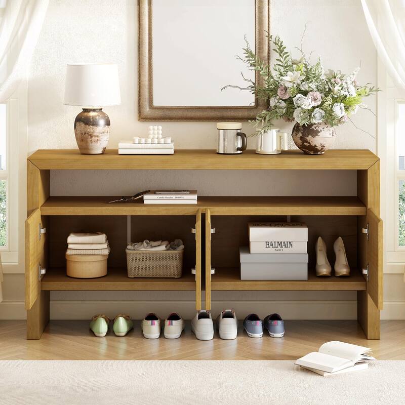 60" 4-Door Sideboard, Modern Minimalist Solid Wood Veneer Sideboard with Open Shelf