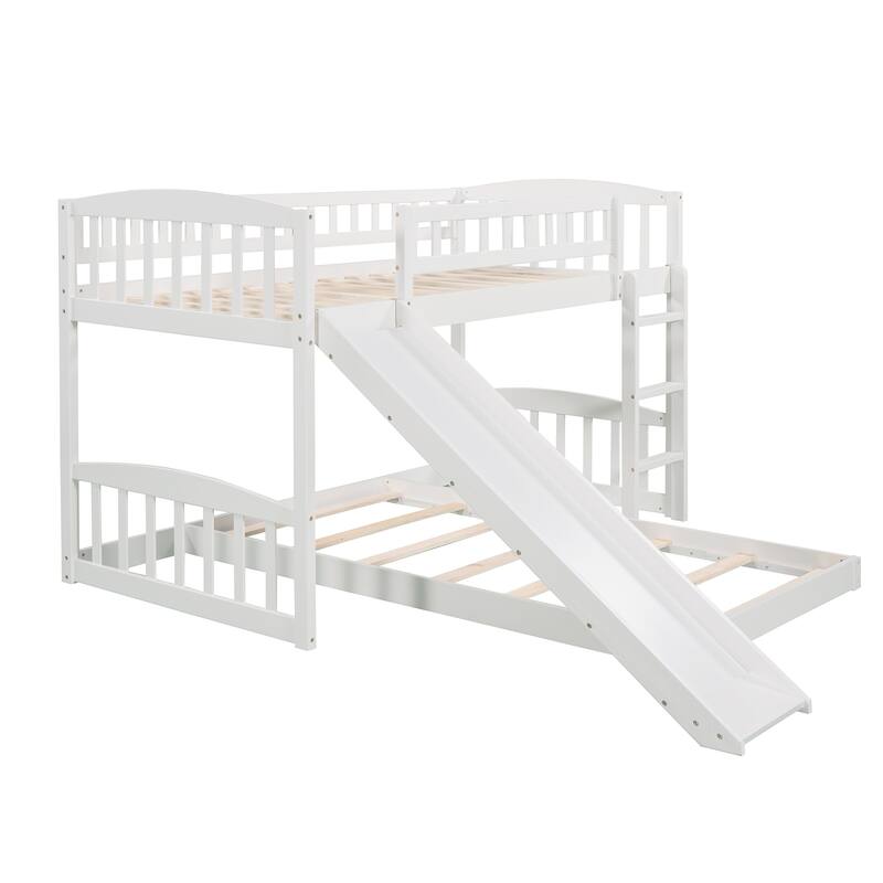 White Twin over Twin Size Solid Wood Bunk Bed with Slide and Ladder for Kids, Boys and Girls, Bedroom