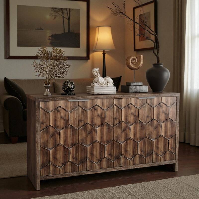 Farmhouse 4-Door Wooden Sideboard Buffet Cabinet with Adjustable Shelves, Brown Storage Cabinet for Dining Room