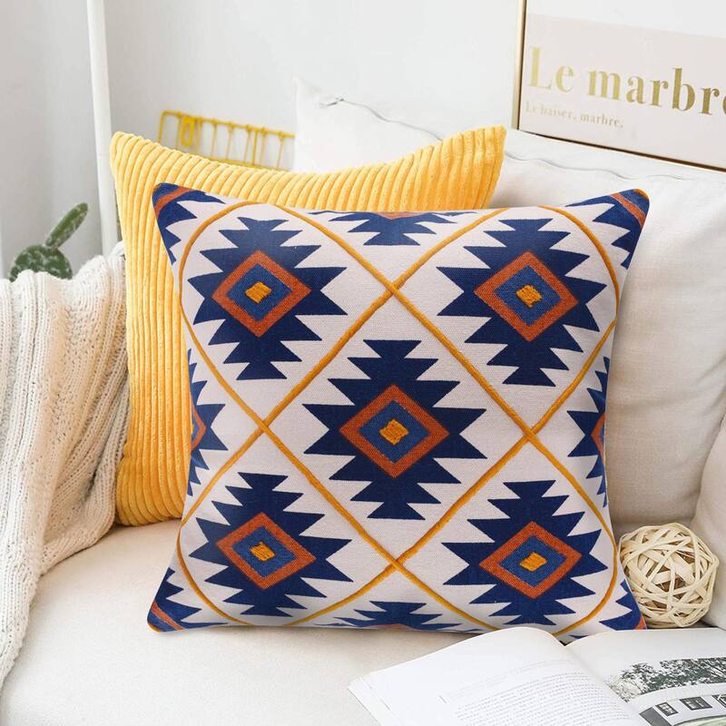 Handmade Southwestern Square Throw Pillow - 20" - Navy Blue and Orange