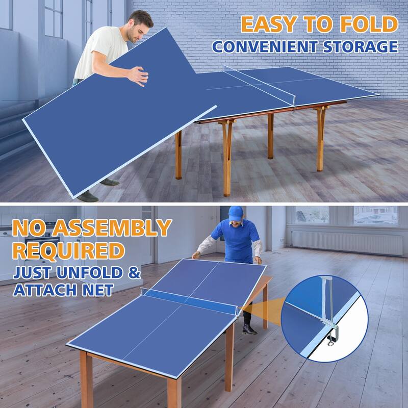 Roomfitters 8ft Blue Mid-Size Ping Pong Conversion Top, Foldable & Portable Table Tennis Top for Indoor Games