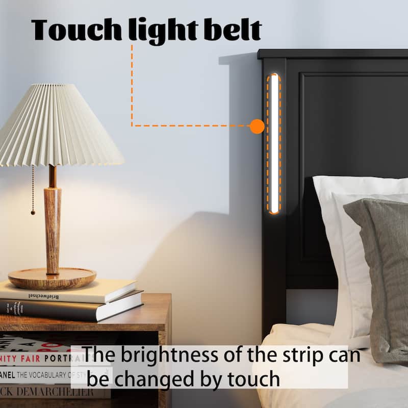 Queen Size Platform Bed with Wood Headboard,Charging Station and LED Lights