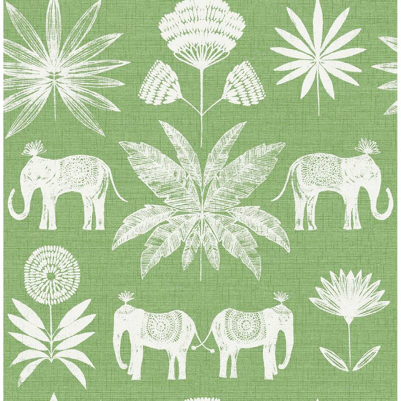 Marseille, Bazaar Light Grey Elephant Oasis 33 ft L X 20.5 in W, Wallpaper. - Green