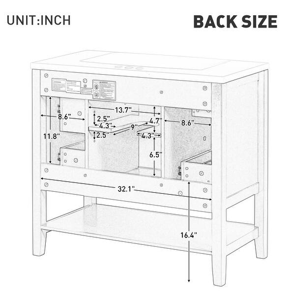 dimension image slide 1 of 3, 36" Bathroom Vanity with Sink Combo, One Cabinet and Three Drawers, Solid Wood and MDF Board