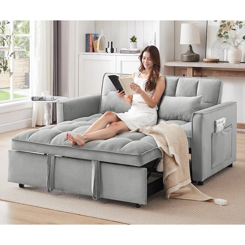 3 in 1 Convertible Sleeper Sofa Bed, Futon Couches for Living Room with Side Pocket, Adjustable Backrest - Silver