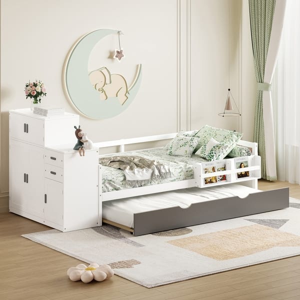 slide 2 of 16, Multi-Functional Wood Platform Bed with Bookshelf, Movable Wardrobe,Built-in Trundle,Twin Size White