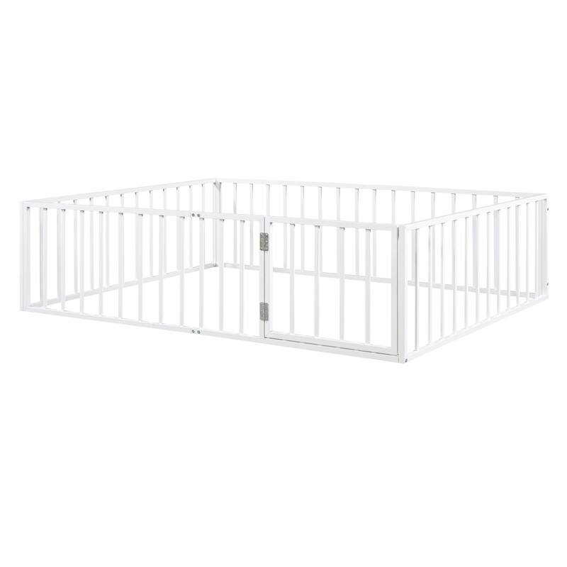 Twin/Full/Queen Size Floor Bed for Kids, Montessori Beds with Rails and Door, Metal Playhouse Bed Frame w/ Fence for Boys Girls