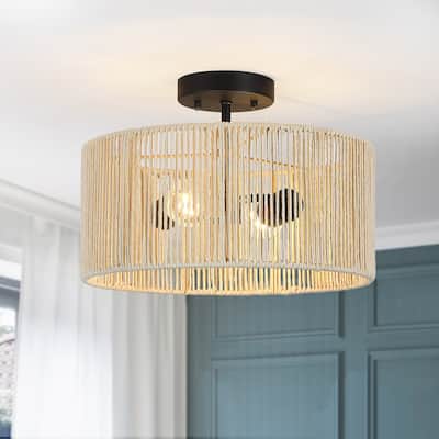 Dorn 2-Light Woven Rope Drum Semi-Flush Mount Ceiling Light - 14"W