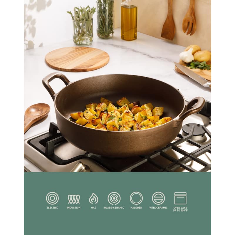 Bloomhouse Natural Bronze Finish Pre-seasoned Cast Iron Grill, Everyday Pan, Skillet & Olive Wood Trivet