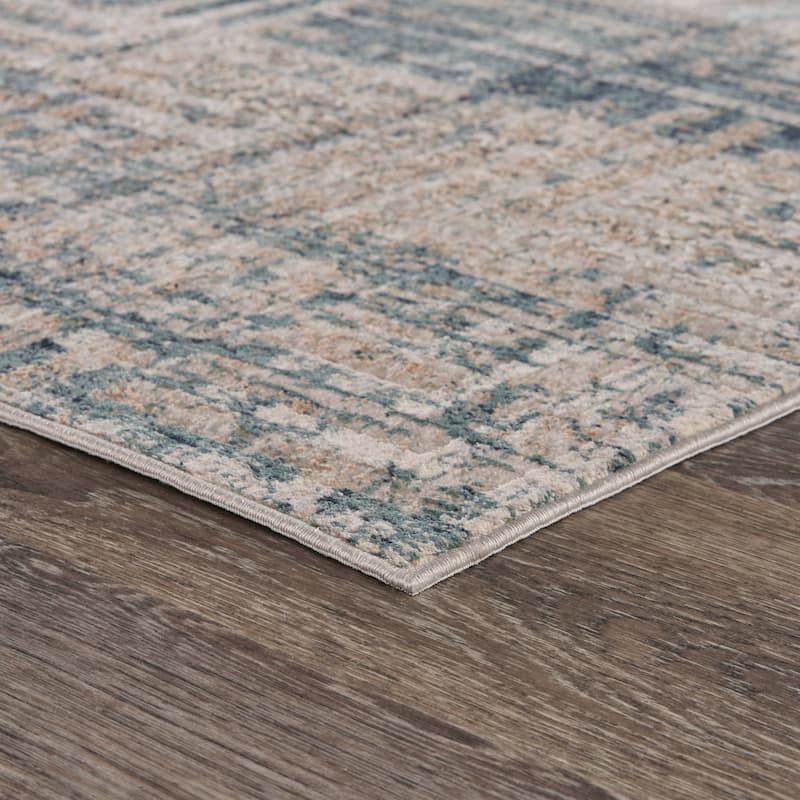 Sevita Carved Transitional Geometric Polyester Area Rug, Cream and Blue