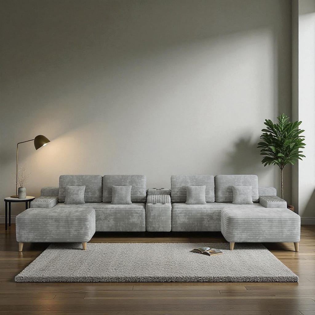 150" U-Shaped 5-Piece Sectional Sofa with 2 Ottomans, Wireless Charging Console, Plush Corduroy Fabric for Living Room