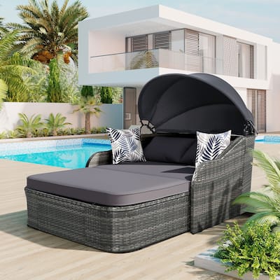 Outdoor Patio Rattan Daybed w/Retractable Canopy,Wicker & Cushion,Gray