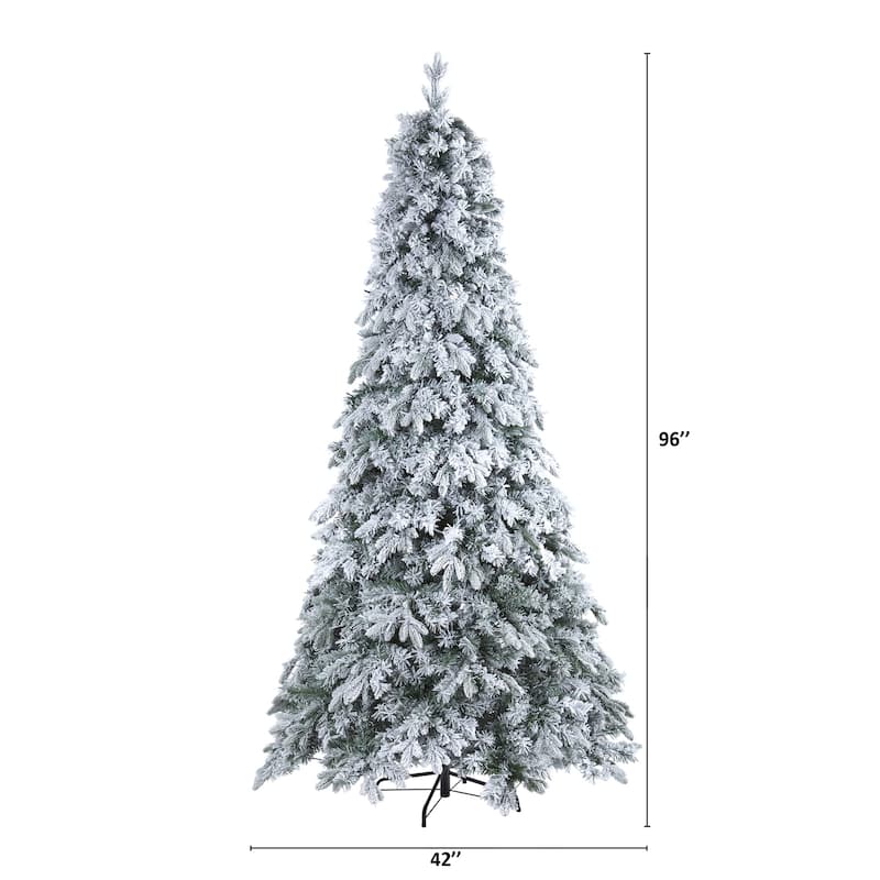 8ft Flocked Christmas Tree with Lights, Artificial Pine Tree, Holiday Decor, Realistic Holiday Tree - White - 96