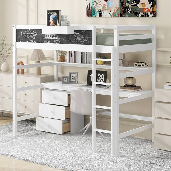 slide 2 of 26, Solid Wood Loft Bed with Bulit-in Desk, Storage Shelf and 3 Drawers, Twin Size Loft Bedframe with Storage Box and Blackboard White