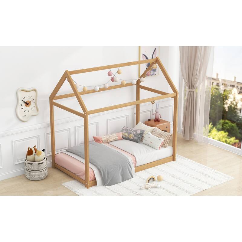 Twin Size Pine Wood Panel Bed with 400lb Capacity and Natural Wood Finish